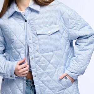 RARE AKIRA Julia Baby Blue Cozy Blue Small Pinstripe Puffer Bomber Jacket